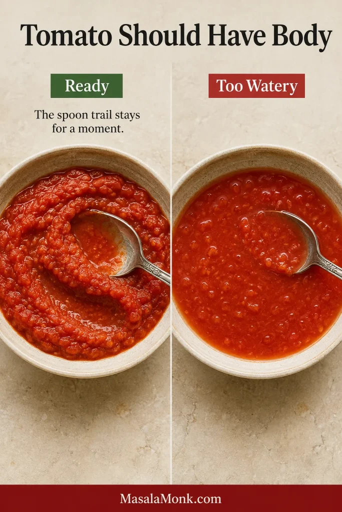 Two bowls of crushed tomato compared side by side, with thicker tomato holding a spoon trail and watery tomato flowing back together.