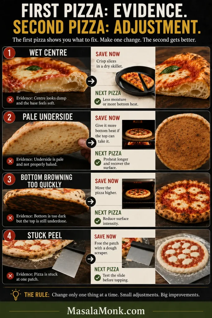 Four-part Margherita pizza troubleshooting guide showing a wet center, pale underside, overly dark bottom and pizza dough stuck to a peel.