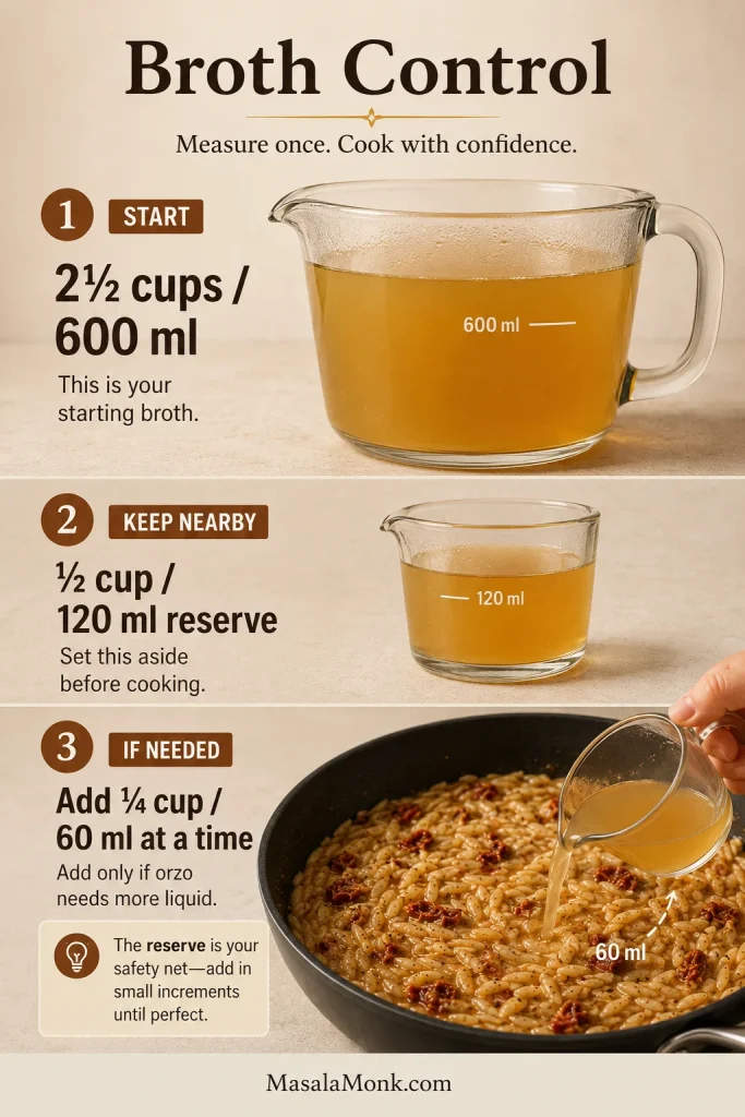 Broth guide showing 2½ cups or 600 milliliters as the starting amount, ½ cup or 120 milliliters held in reserve, and ¼ cup or 60 milliliters added only when needed.