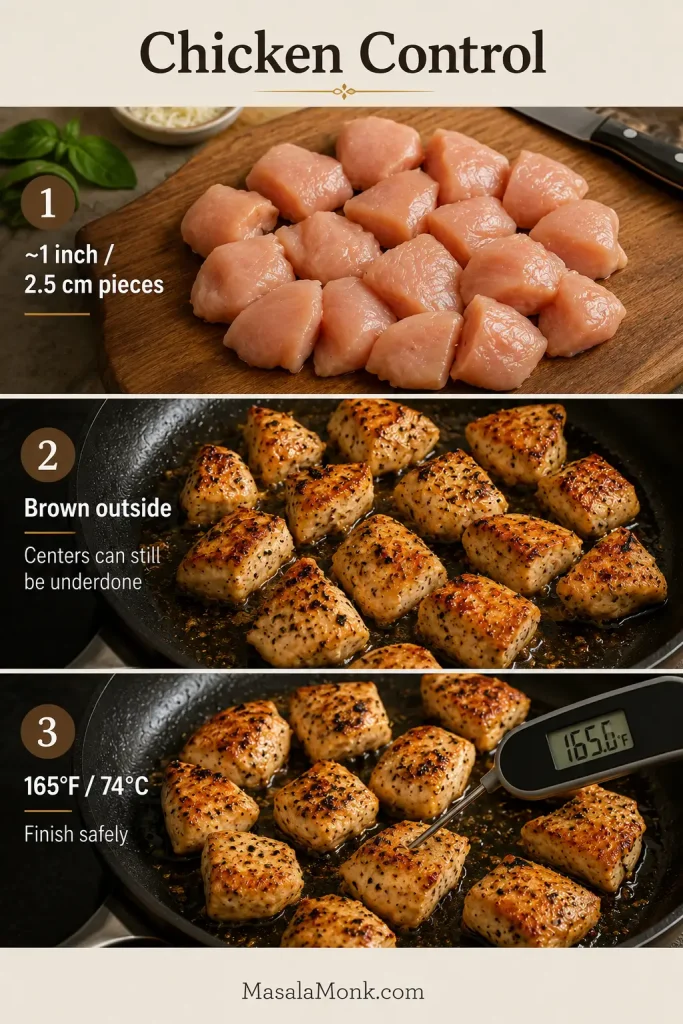 Three-stage chicken guide showing evenly cut raw chicken pieces, browned chicken after searing, and an instant-read thermometer checking a cooked piece at 165°F or 74°C.