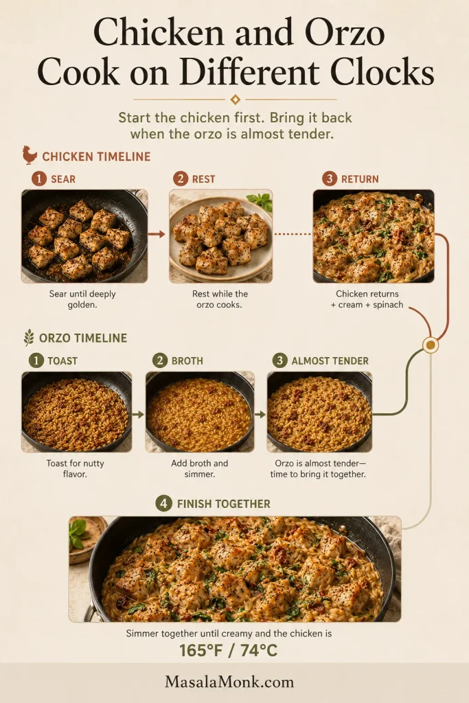 Parallel Marry Me Chicken Orzo timeline showing chicken being seared and rested while orzo is toasted and simmered, with both paths joining when the orzo is almost tender and finishing together.