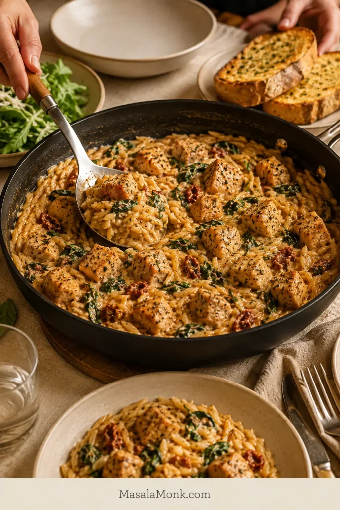 Warm dinner table with a skillet of Marry Me Chicken Orzo being served alongside a green salad and garlic bread, with hands reaching into the meal.