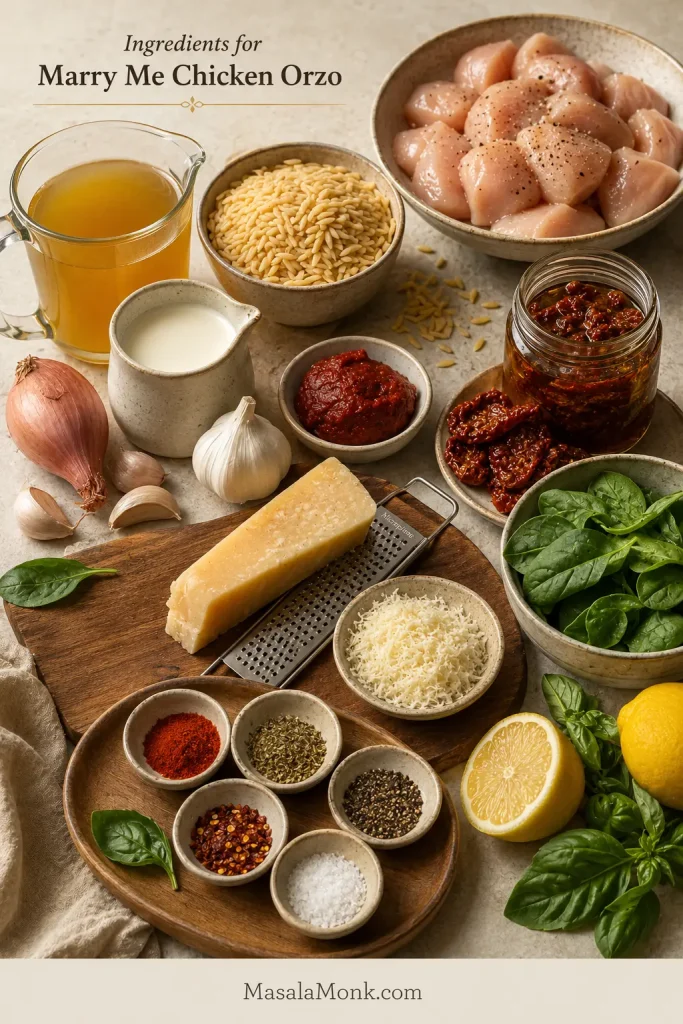 Ingredients for Marry Me Chicken Orzo arranged on a counter, including chicken breast, dry orzo, broth, shallot, garlic, tomato paste, sun-dried tomatoes, cream, Parmesan, spinach, lemon, basil and seasonings.