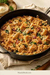 Finished Marry Me Chicken Orzo in a dark skillet with browned chicken pieces, creamy orzo, wilted spinach, sun-dried tomatoes, basil and grated Parmesan.