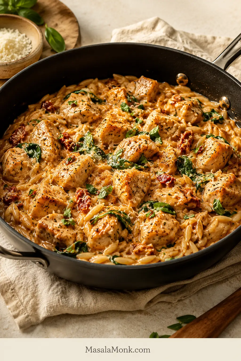 Finished Marry Me Chicken Orzo in a dark skillet with browned chicken pieces, creamy orzo, wilted spinach, sun-dried tomatoes, basil and grated Parmesan.