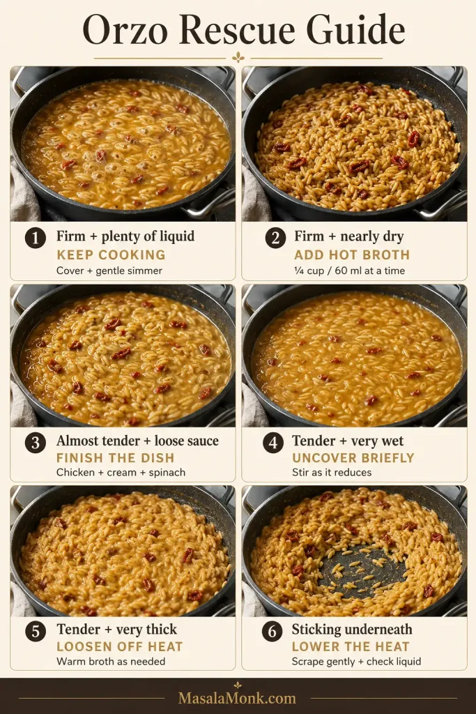 Six-panel Marry Me Chicken Orzo rescue guide showing firm orzo with plenty of liquid, firm orzo nearly dry, almost-tender orzo with loose sauce, tender orzo that is too wet, tender orzo that is too thick, and orzo beginning to stick.