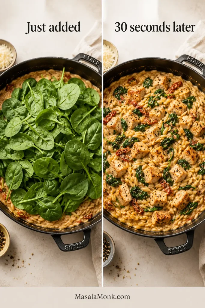 Before-and-after comparison showing a large mound of fresh spinach just added to chicken orzo and the spinach wilted into the creamy pasta shortly afterward.