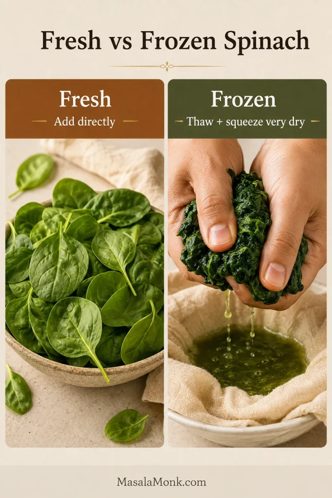 Comparison showing fresh baby spinach beside thawed frozen spinach being squeezed firmly to remove excess water.
