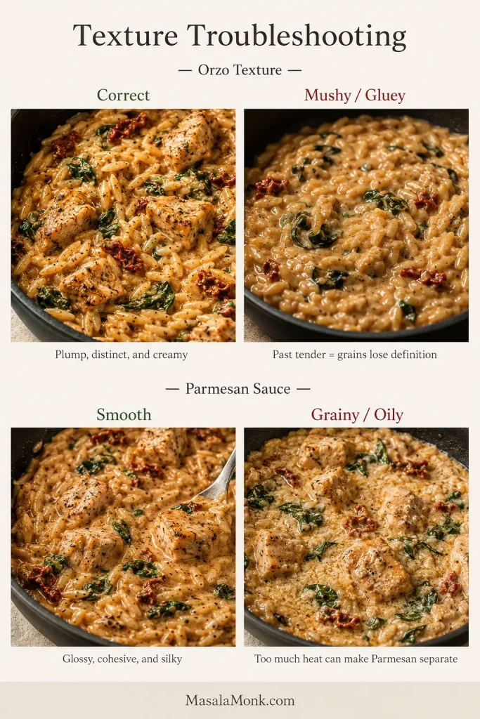 Four-photo troubleshooting board comparing distinct orzo with mushy orzo and smooth Parmesan sauce with a grainy, slightly separated sauce.