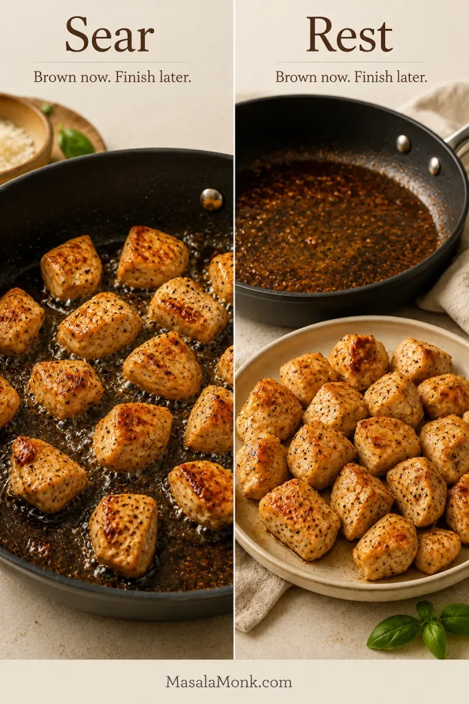 Split image showing bite-size chicken pieces searing until golden in a skillet and the browned chicken resting on a plate beside the pan.