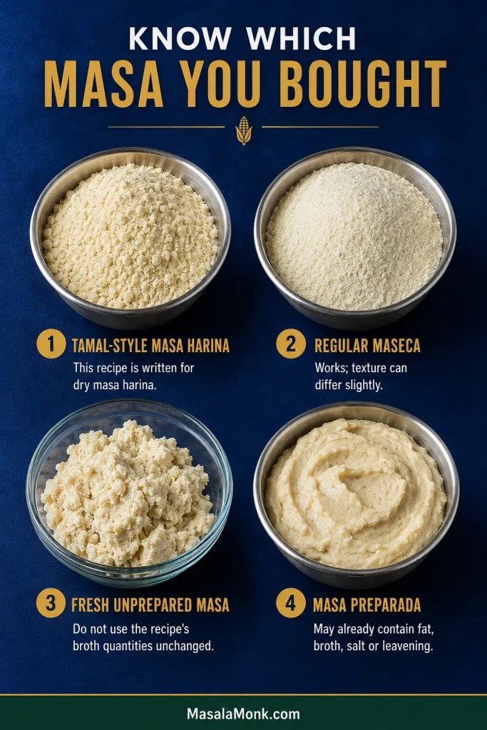 Comparison of tamal-style masa harina, regular Maseca dry masa harina, fresh unprepared masa, and prepared tamale masa, showing their different physical forms.