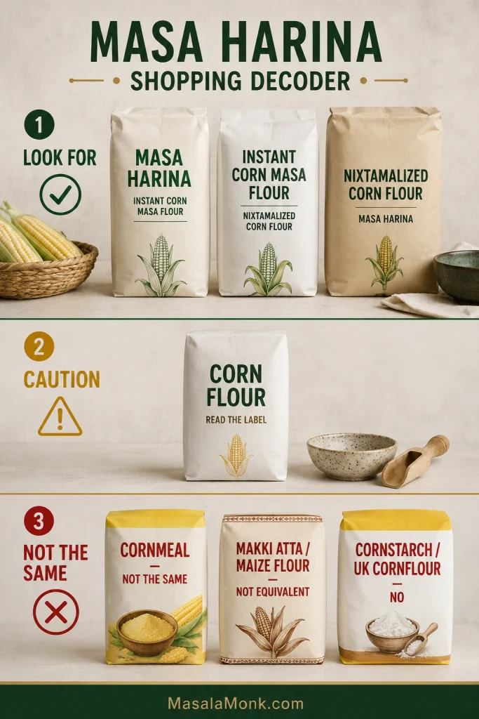 Shopping guide comparing package terms for masa harina, nixtamalized corn flour, cornmeal, maize flour, cornstarch, and corn flour.