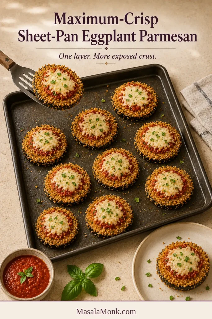 Breaded eggplant rounds baked separately on a sheet pan, each topped with a small amount of marinara and cheese.
