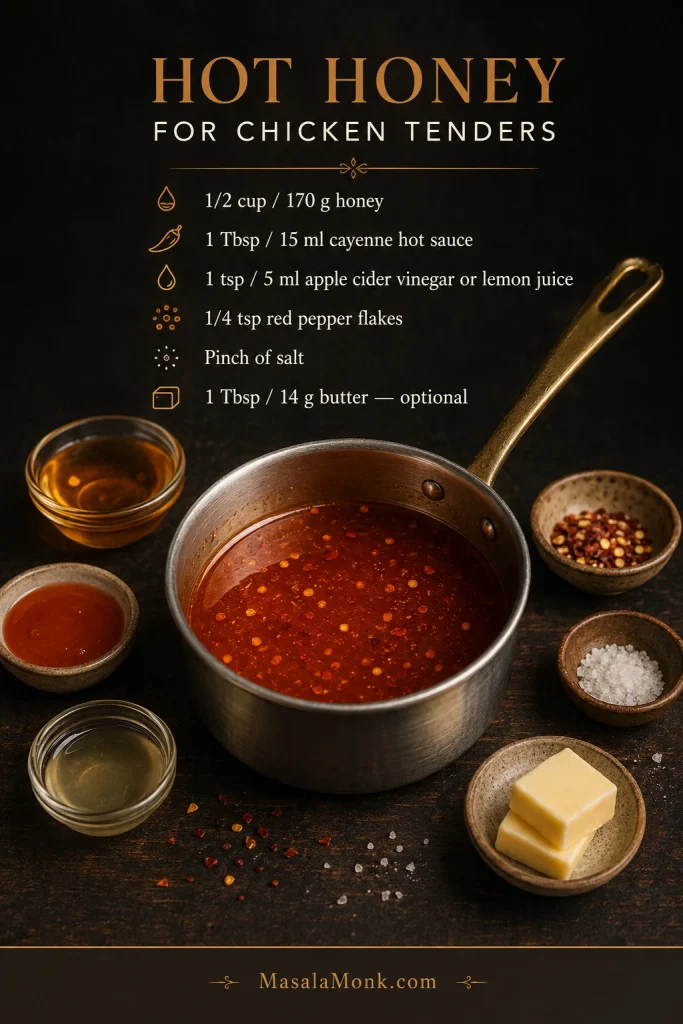 Hot honey recipe guide with a saucepan and honey, cayenne hot sauce, acid, red pepper flakes, salt, and optional butter.