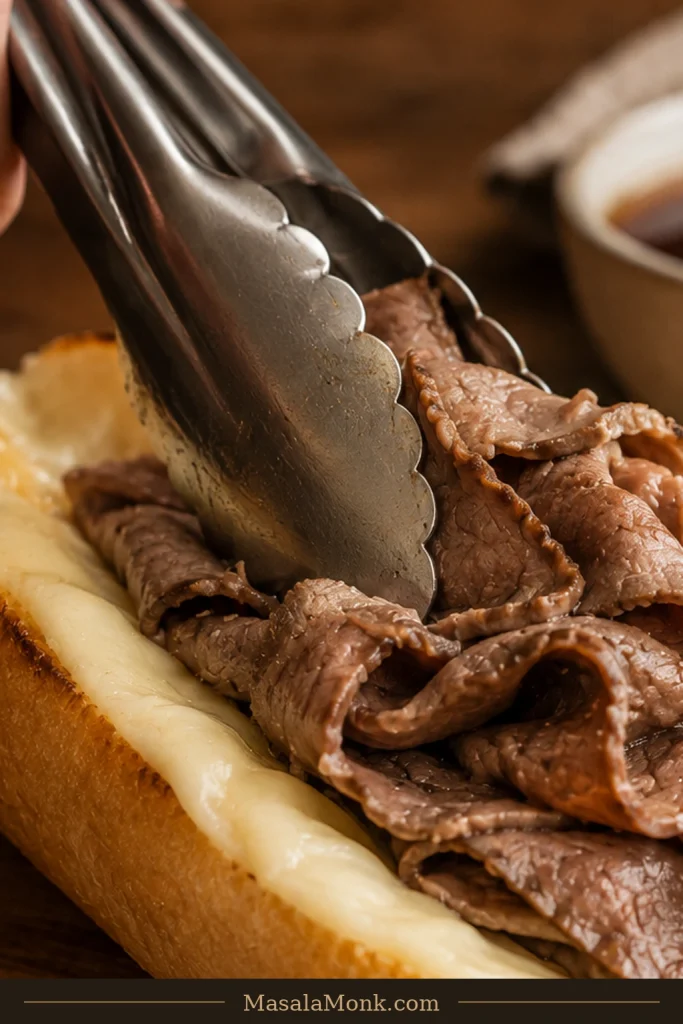 Pale provolone melted smoothly over the golden cut surface of a toasted sandwich roll.