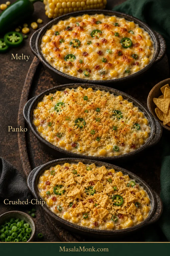 Three versions of baked corn dip labeled Melty, Panko and Crushed-Chip, showing melted cheese, golden breadcrumbs and irregular broken tortilla-chip toppings.