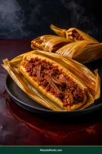 Opened Mexican pork tamale showing tender corn masa around shredded red chile pork, with several corn-husk-wrapped tamales behind it.