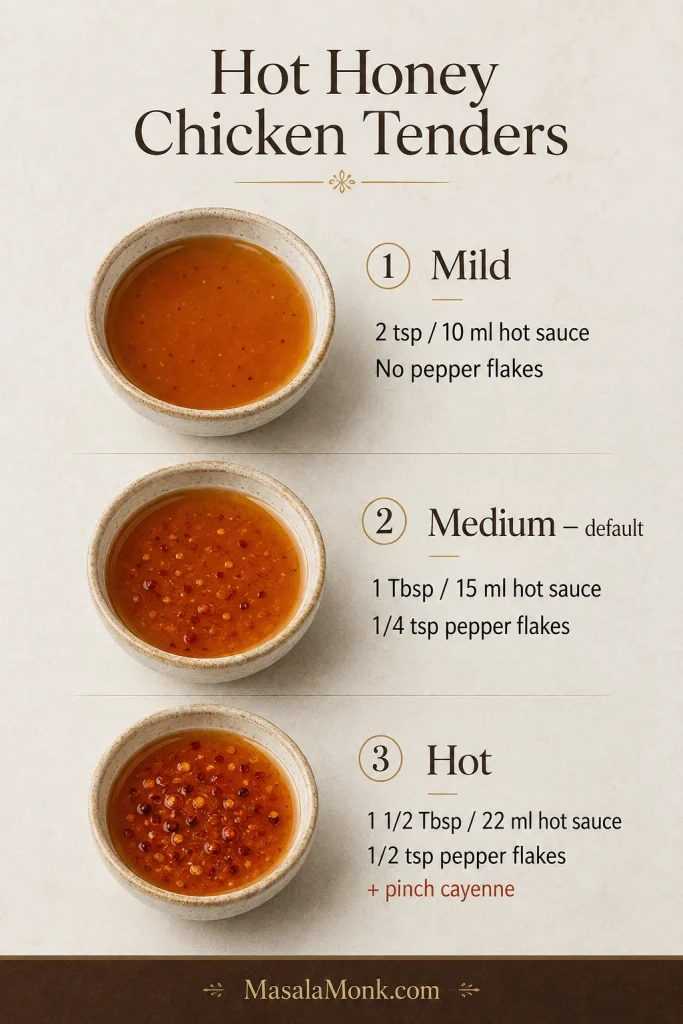Three bowls of hot honey labeled Mild, Medium default, and Hot with increasing hot sauce and pepper flakes.