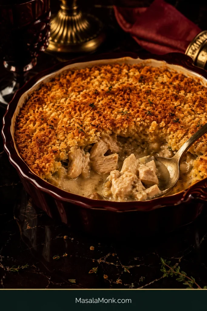 Freshly served scoop of chicken casserole with golden cracker crust and thick creamy filling after resting.