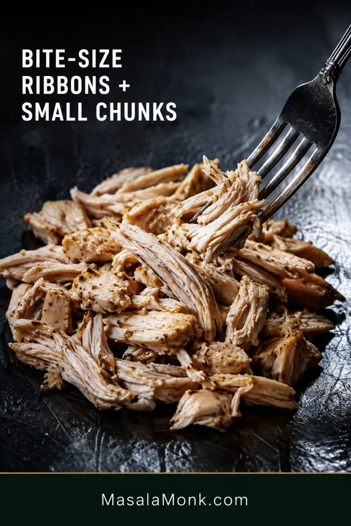 Cooked chicken pulled into bite-size ribbons and small chunks, showing the desired texture for the casserole.