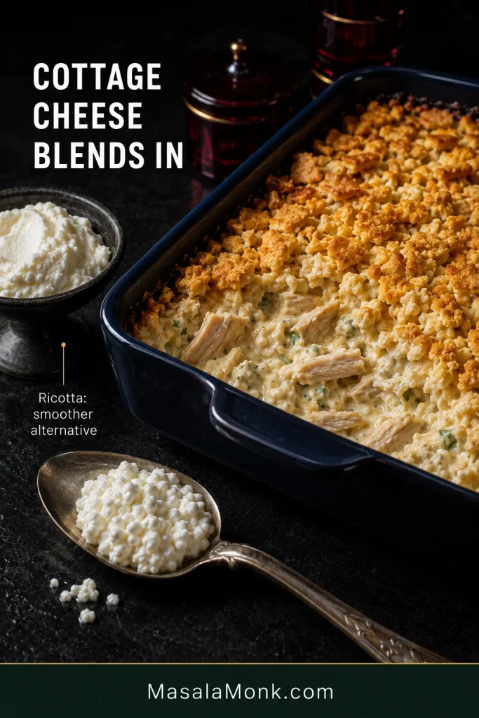 Cottage cheese on a spoon beside finished creamy chicken casserole and a bowl of smooth ricotta as an alternative.
