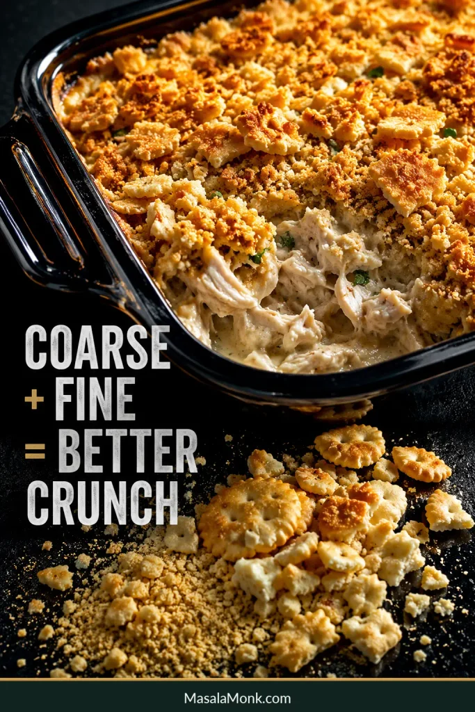 Crushed crackers in fine crumbs and larger pieces beside a casserole with an irregular crisp golden cracker crust.