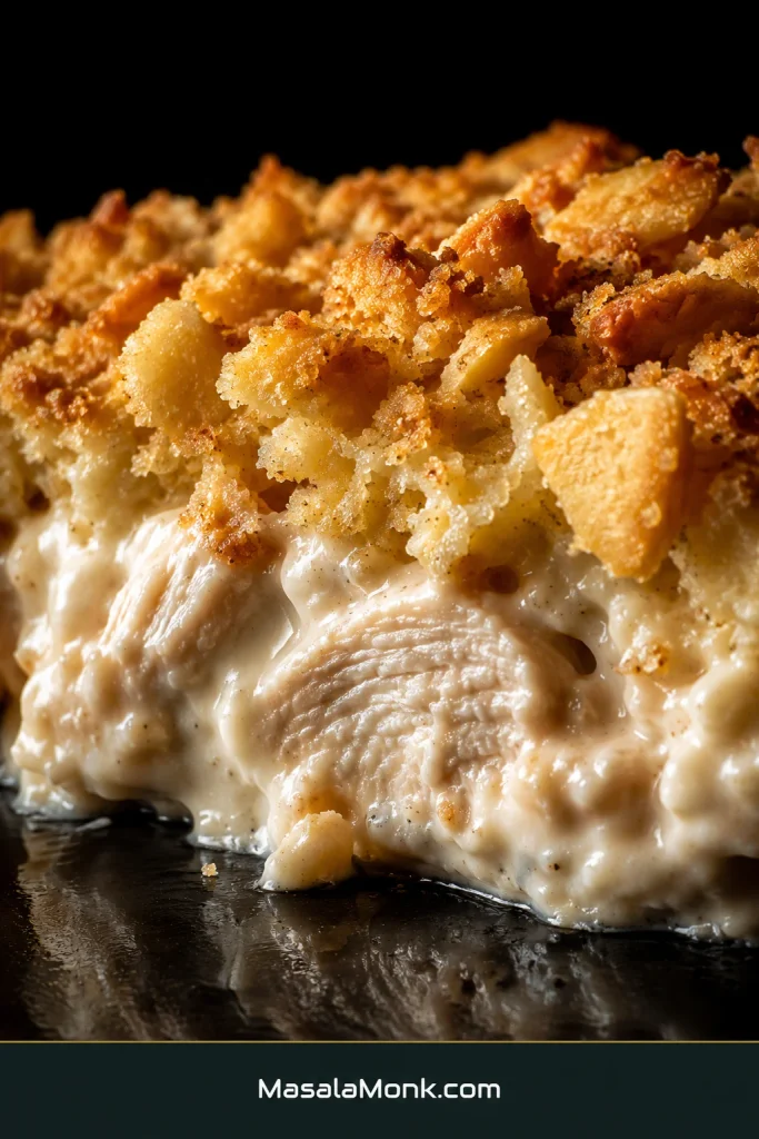 Close-up cross-section of golden cracker crust above thick creamy sauce clinging to pieces of chicken.