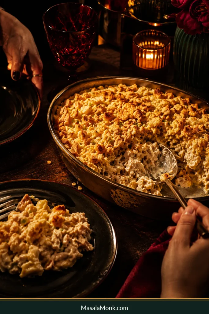 Warm dinner-table scene with a partly served chicken casserole, golden cracker topping, serving spoon, plates and hands reaching to serve.