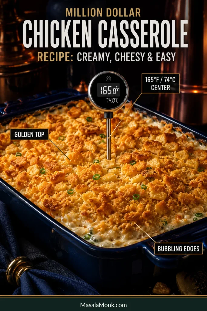 Finished chicken casserole with a golden top, bubbling edges and a thermometer showing 165°F and 74°C in the center.