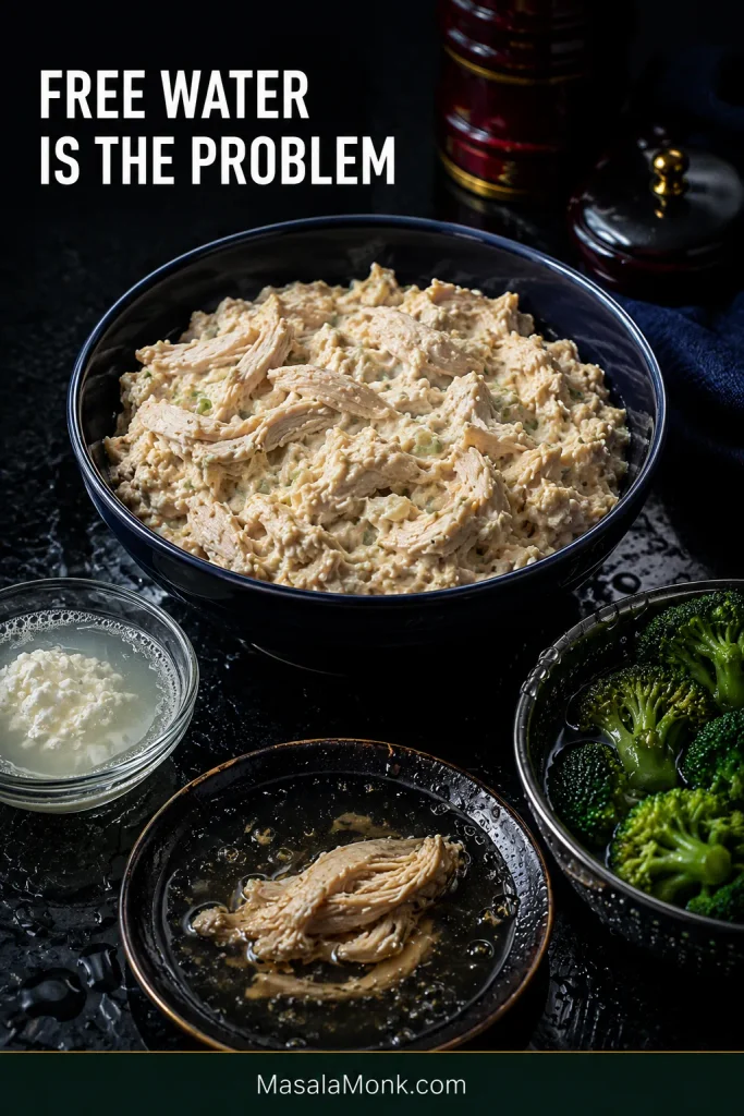 Thick creamy chicken mixture surrounded by cottage cheese whey, chicken juices and wet broccoli to show sources of excess moisture.