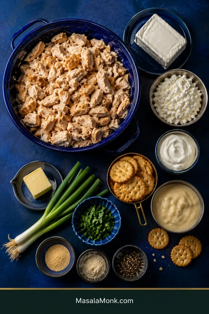 Ingredients for Million Dollar Chicken Casserole arranged around a large bowl of cooked chicken, including cream cheese, cottage cheese, sour cream, soup, crackers, butter and seasonings.