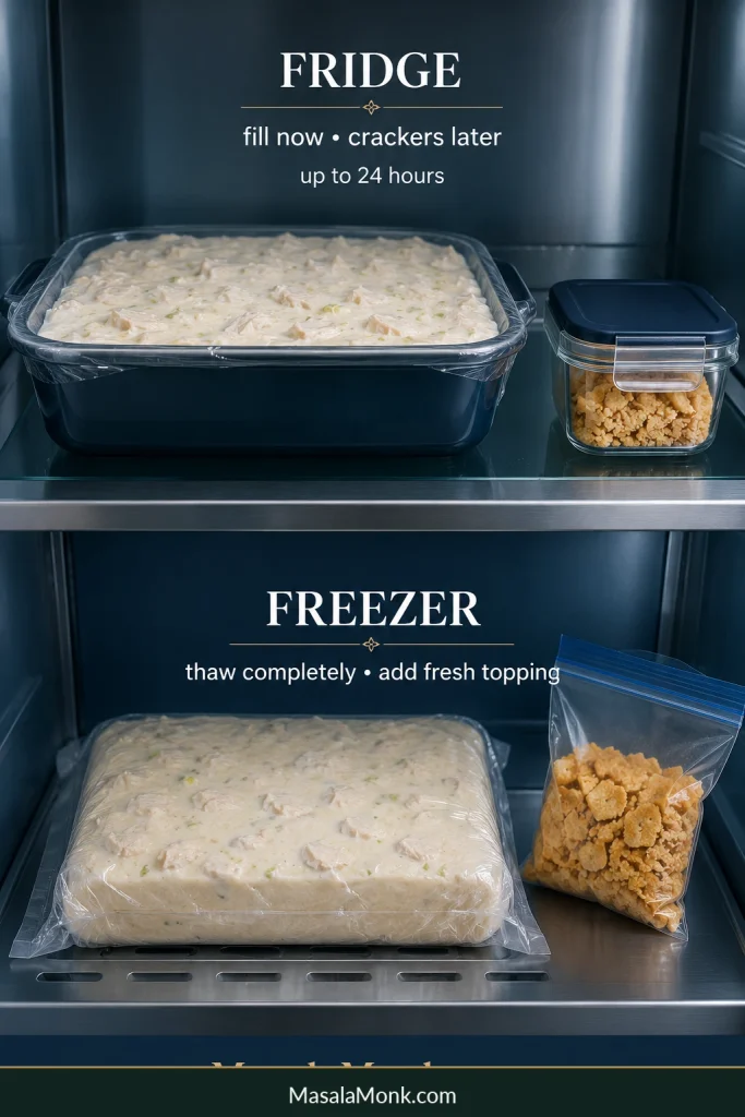 Untopped creamy chicken casserole stored for the refrigerator and freezer with buttery cracker topping kept separately.