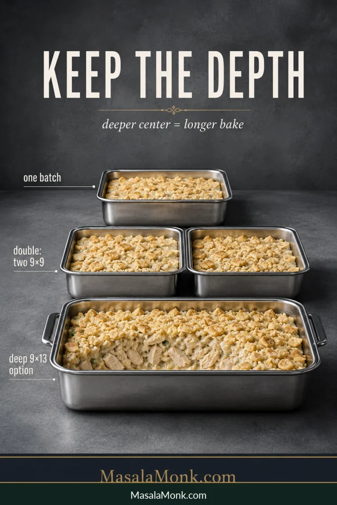 One 9×9 casserole, two 9×9 casseroles at similar depth, and a deeper 9×13 casserole illustrating why pan depth affects baking time.