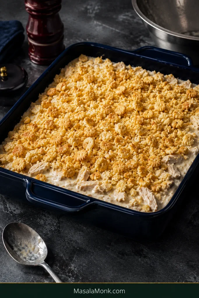 Unbaked creamy chicken casserole in a dark blue dish covered with loose buttery cracker crumbs and small cracker pieces.