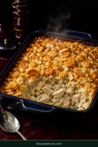Million Dollar Chicken Casserole in a dark blue baking dish with golden buttery cracker topping and exposed thick creamy chicken filling.