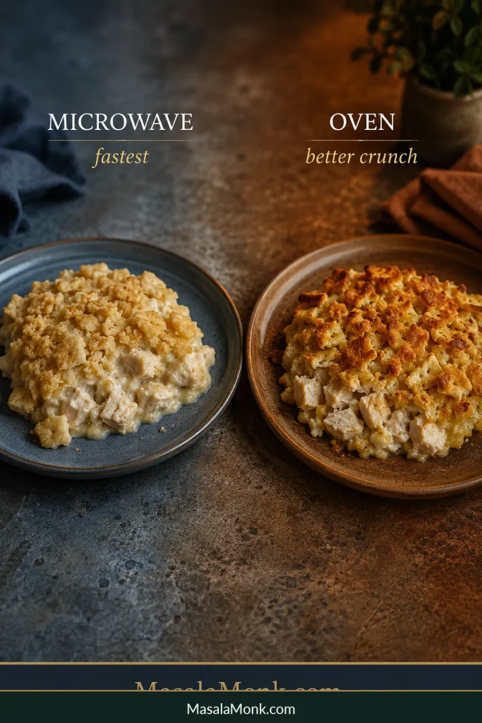 Two reheated servings of chicken casserole showing a softer cracker topping from the microwave and a crisper browned topping from the oven.