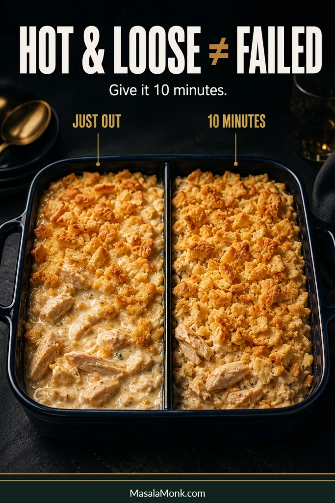 Comparison of chicken casserole just out of the oven with a looser filling and the same casserole more settled after 10 minutes.