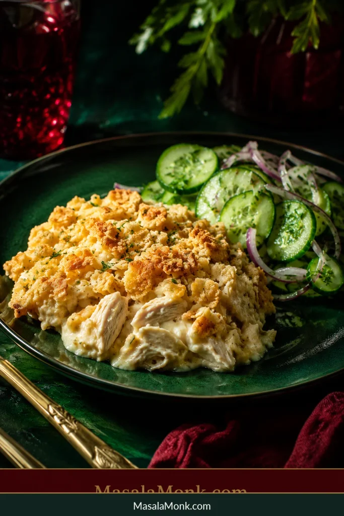Serving of creamy cracker-topped chicken casserole on a dark green plate beside a fresh cucumber and red onion salad.