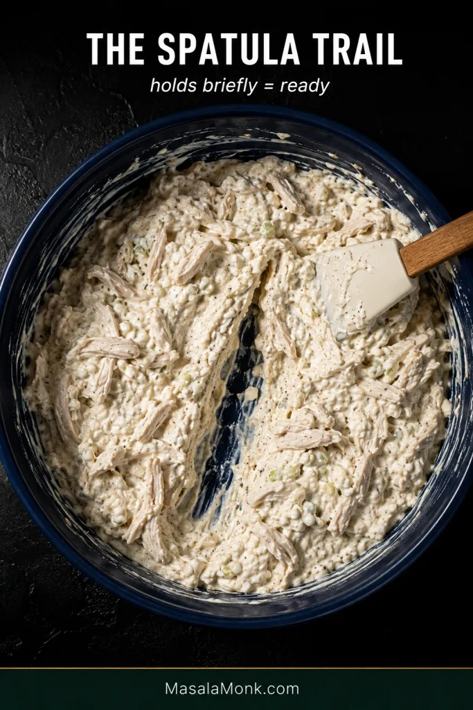 Thick creamy chicken mixture in a blue bowl with a spatula trail that remains open briefly.