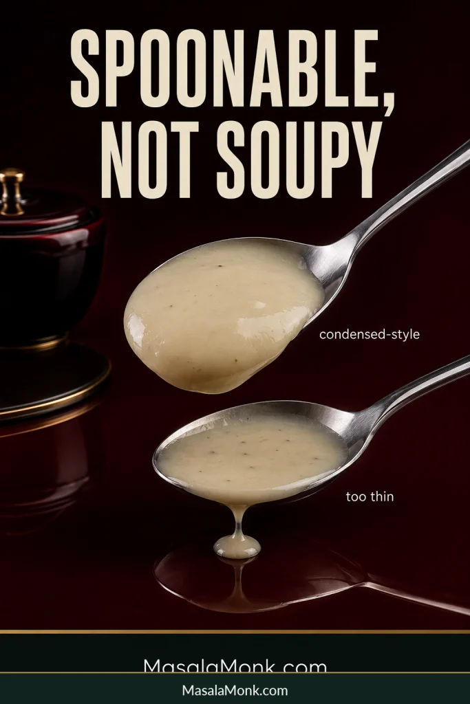 Two spoons comparing thick condensed-style cream sauce that clings to the spoon with a thinner sauce that drips.