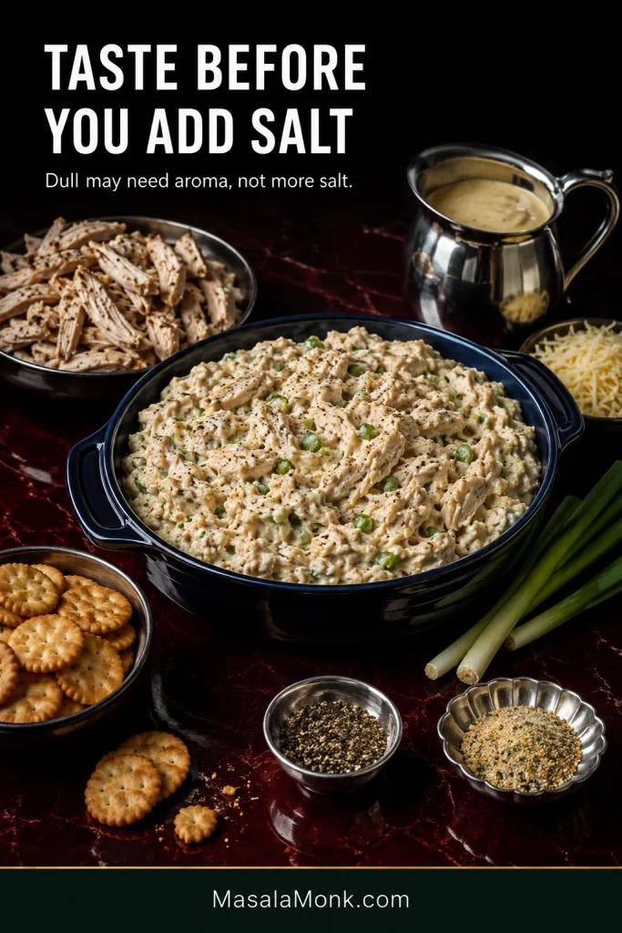 Creamy chicken mixture surrounded by cooked chicken, condensed soup, crackers, scallions and seasonings, emphasizing tasting before adding salt.