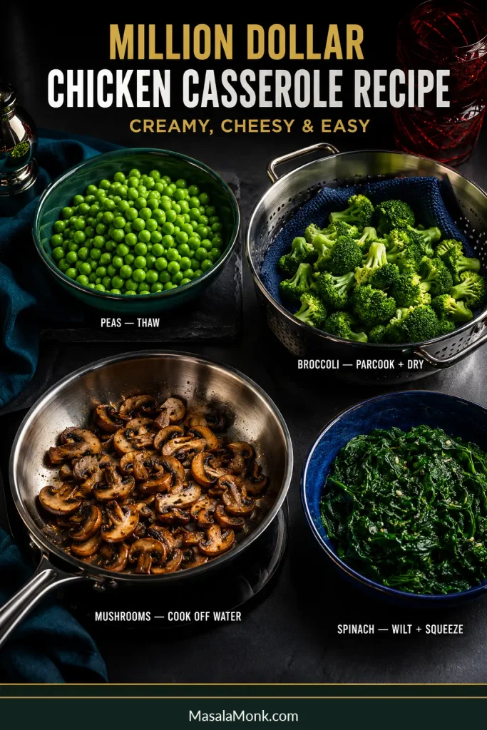 Prepared peas, dried parcooked broccoli, browned mushrooms and squeezed wilted spinach showing how to control moisture before adding vegetables.