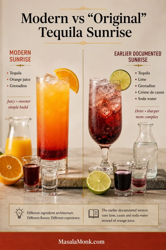 Modern orange-and-grenadine Tequila Sunrise beside an earlier documented lime, grenadine, crème de cassis and soda-water version.