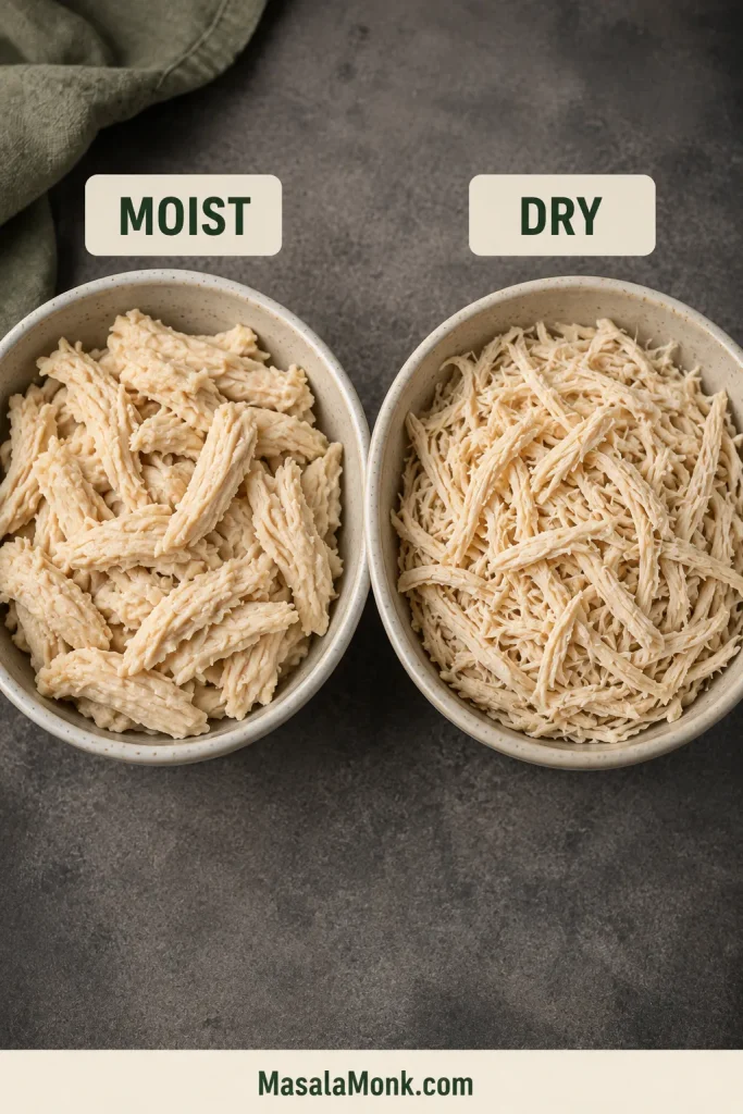 Broad moist shreds of cooked chicken beside finer, drier-looking shredded chicken.