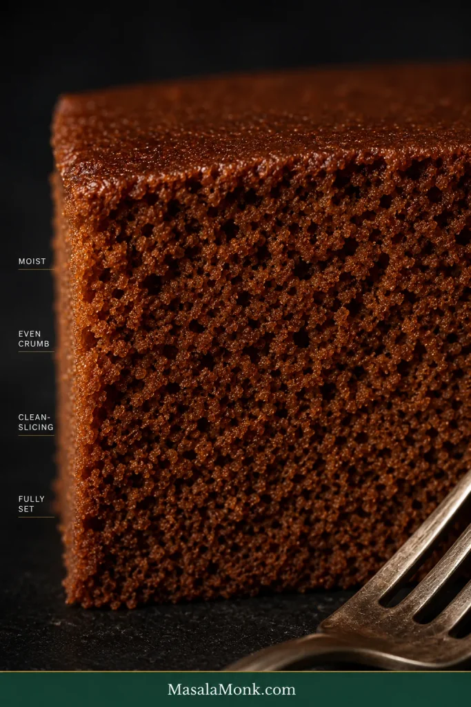 Close-up of gingerbread cake with a fine, evenly baked mahogany crumb that looks moist, tender and fully set.