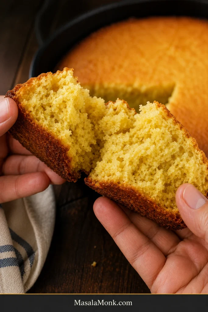 Hands pulling apart a piece of Southern cornbread to reveal a moist cohesive crumb with small irregular air pockets and browned crust.