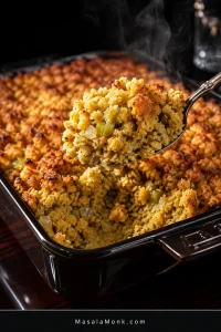 Southern cornbread dressing in a dark baking dish with a serving removed, showing a golden top and soft interior with onion, celery and herbs.