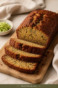 Sliced homemade zucchini bread with a deeply golden cracked top, tender cinnamon-colored crumb and small green zucchini flecks.