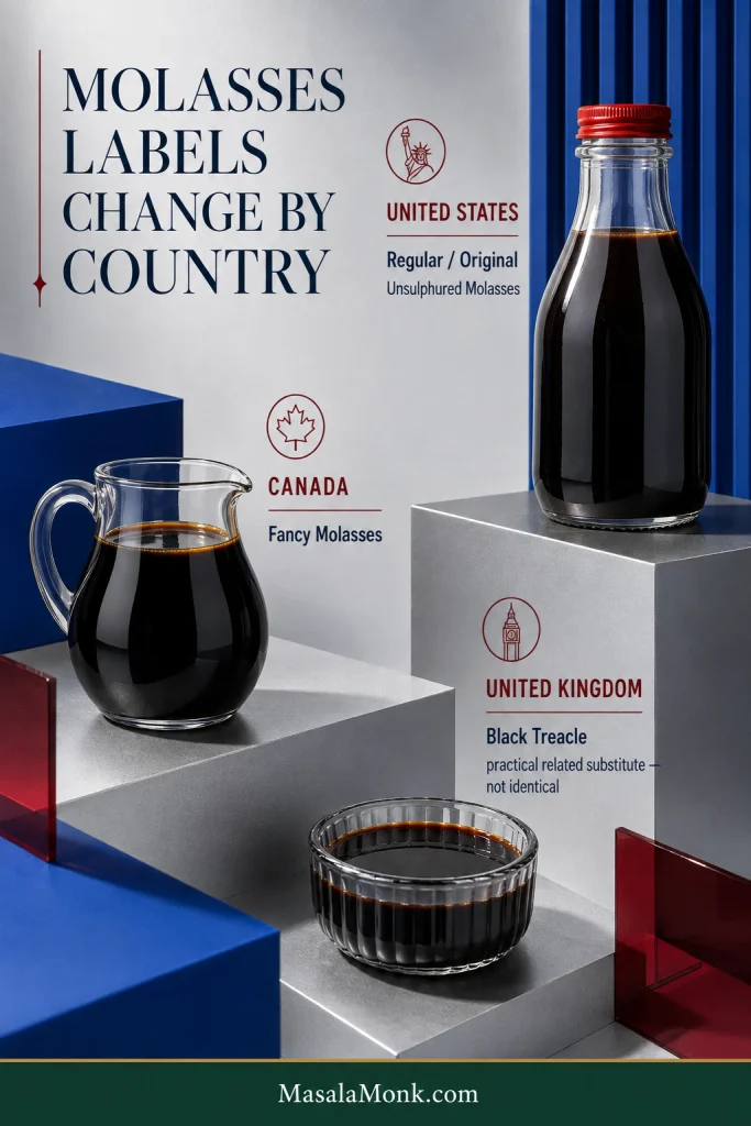 Guide comparing common molasses labels in the United States, Canada and United Kingdom with bottles and small pitchers of dark syrup.