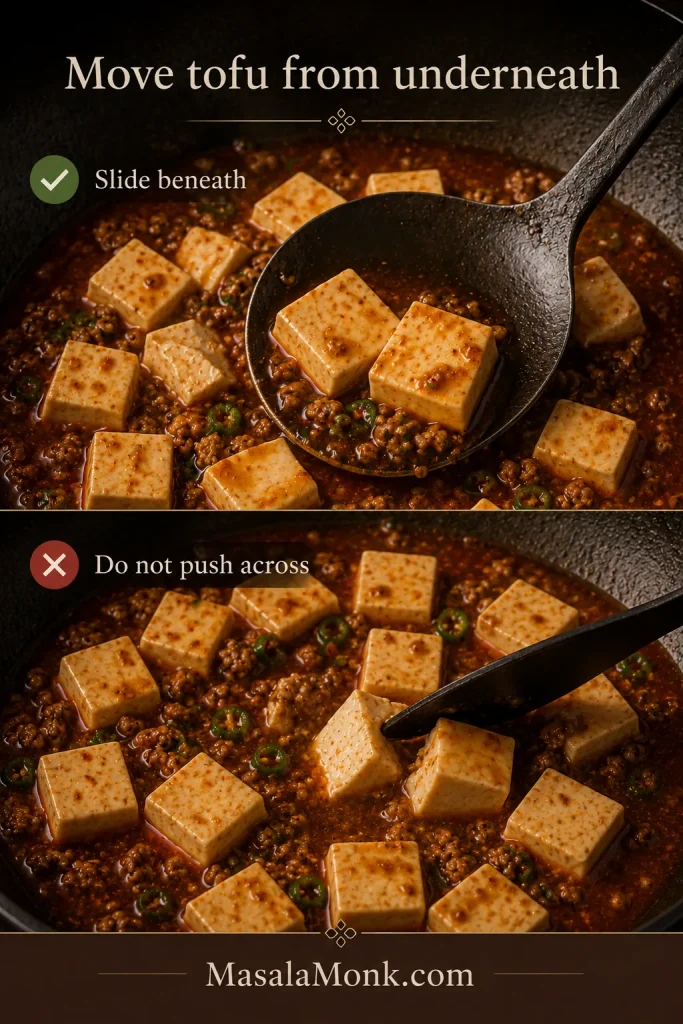 Two-panel technique guide showing a broad spatula supporting tofu from beneath, contrasted with a utensil pushing across a cube and beginning to split it.